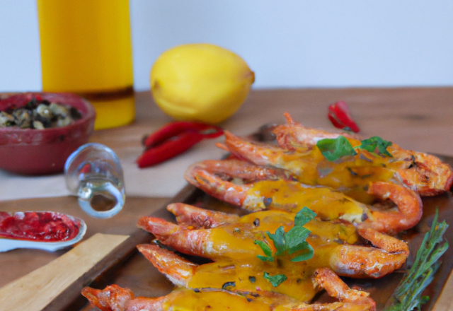 Plancha de  crevettes marinées à la moutarde ancienne Amora