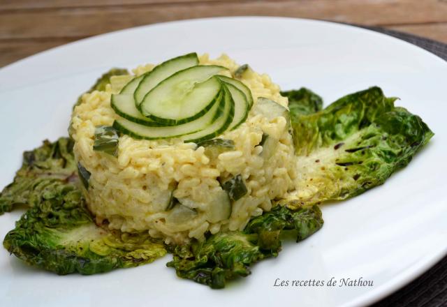 Risotto aux courgettes et au curry, sucrines braisées au balsamique