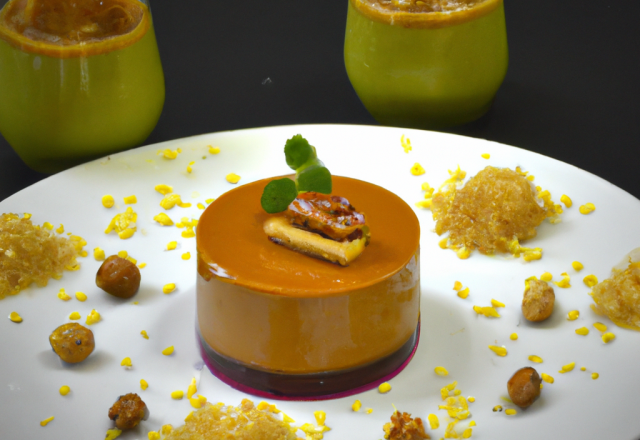 Mousse au Cantal entre-deux,caramel à la liqueur de verveine artisanale,gressins aux noix