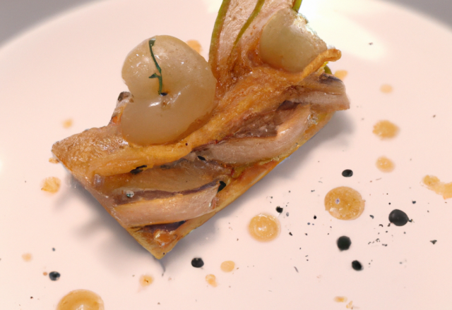 Millefeuille de foie gras au pain d'épice et sa vinaigrette aigre douce, poires caramélisées et confit d'oignons de Trebon au Madiran