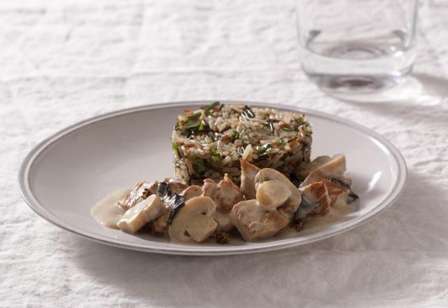 Blanquette de veau aux Champignons de Paris à la crème fraiche, Trompettes de la mort, Morilles et riz aux herbes fraîches