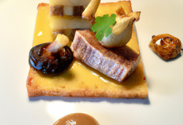 Crousti de foie gras aux noix, gelée de vin jaune et pommes Charlotte aux morilles