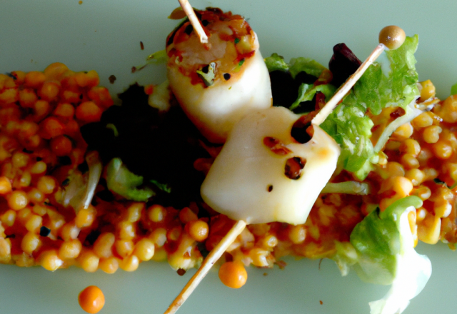 Brochette de St Jacques sur salade de lentilles