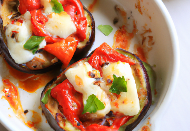 Minis-cocottes aux aubergines, poivrons et mozzarella