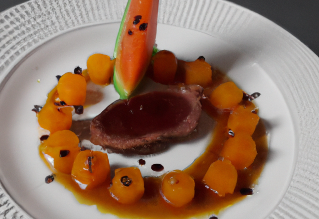 Magret de canard sur copeau de melon, granité au miel et crème de carotte