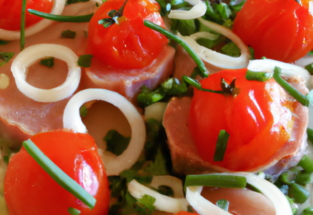 Pêches au thon tomate ciboulette