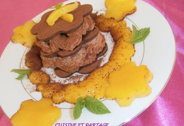 Mille feuilles chocolat et coulis de mangue