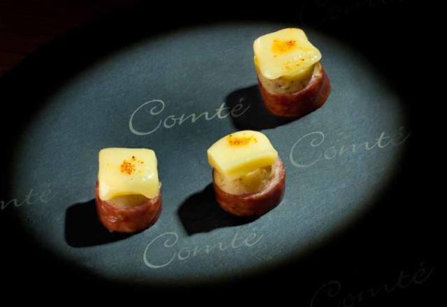 Bouchées au Comté, pommes de terre et saucisse de Montbéliard