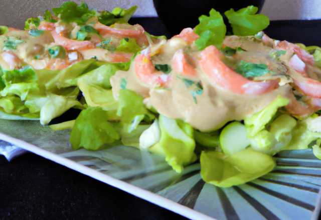 Rémoulade de pomme verte à la sauce Savora et sa fraîcheur de crevettes....