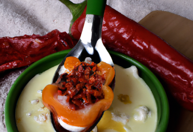 Cuillère de fondue de poivrons sur son lit de chèvre