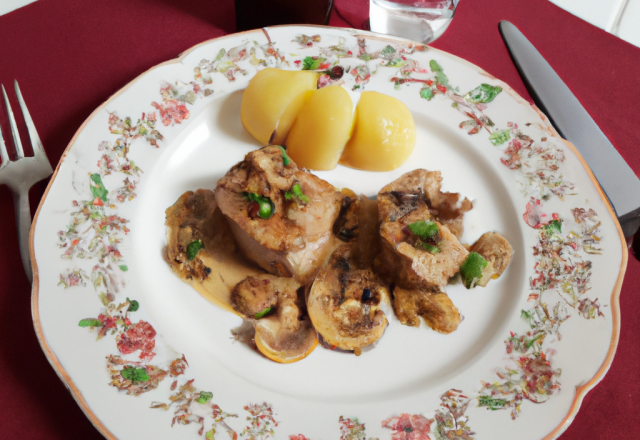 Noisettes de filet de lapereau aux champignons, jus de pommeau aux trois poivres