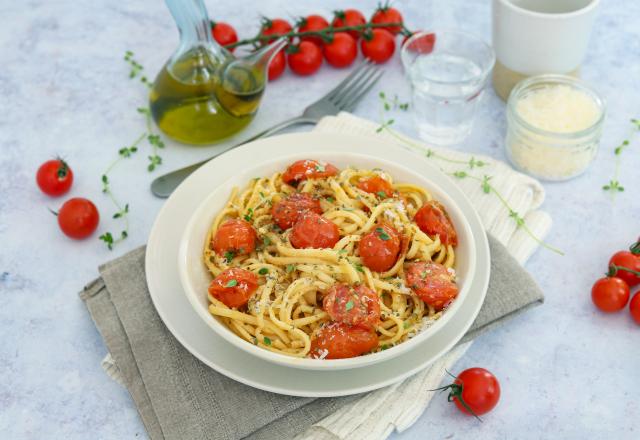 Linguine aux tomates cerises confites, origan et pecorino