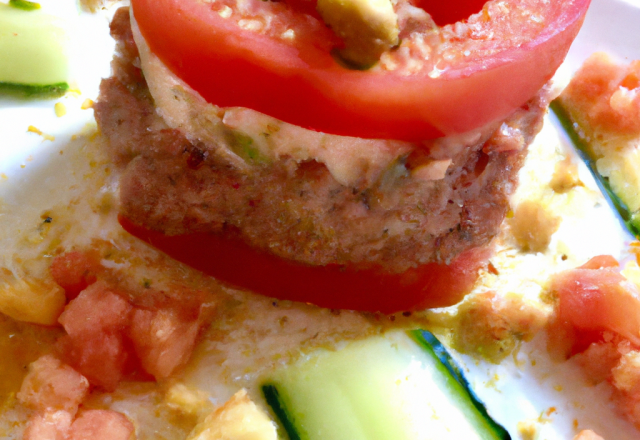 Tartare tomate, concombre aux noisettes, mousse de fromage Breton et ships de lard fumé