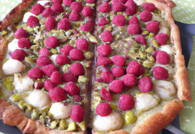 Galette frangipane pistaches, chocolat blanc et framboises