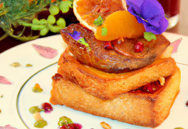 Foie gras en croûte de pistaches vertes et son bouquet de pain d'épices et de légumes croustillants, marmelade douce d'orangers sur toasts fondants aux épices