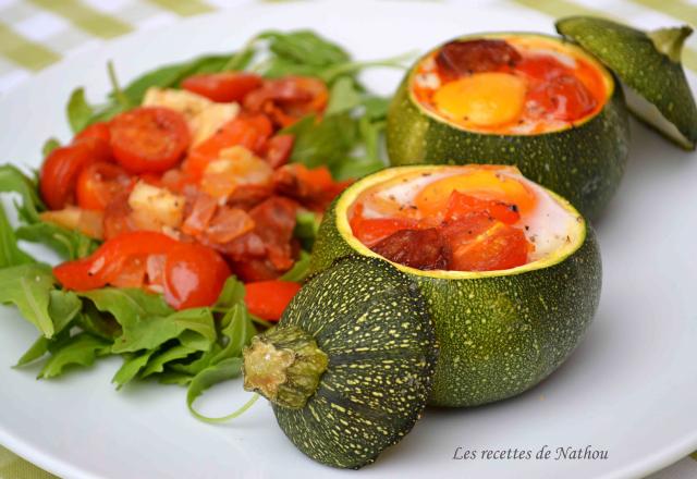 Courgettes rondes farcies aux œufs, tomates, poivrons et chorizo