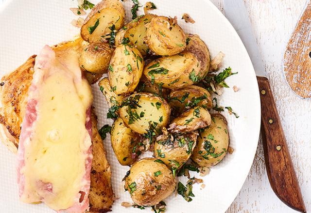 Dinde façon cordon bleu, rattes vapeur persillées