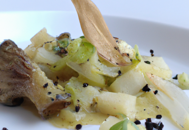 Pressée de poireaux et pleurottes, vinaigrette de jus de truffes