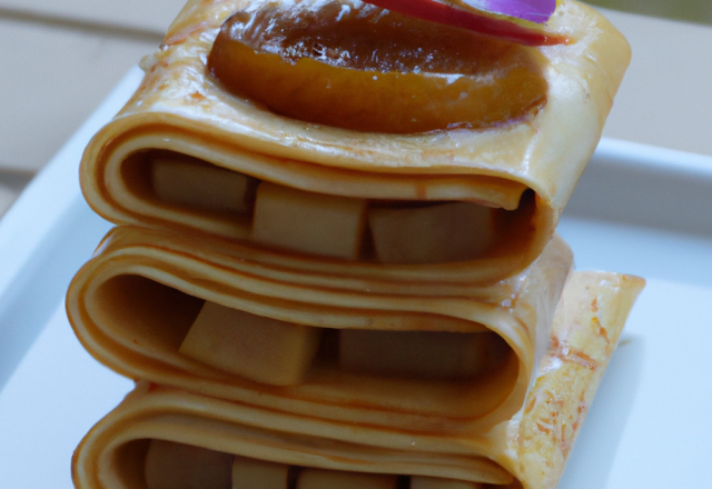 Mille feuilles de crêpes en terrine, compote de pommes à la crème de marron, raisin marinés au rhum et caramel au beurre salé