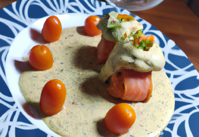 Dos de saumon atlantique en robe de choux et son sabayon de tomates confites moutardé