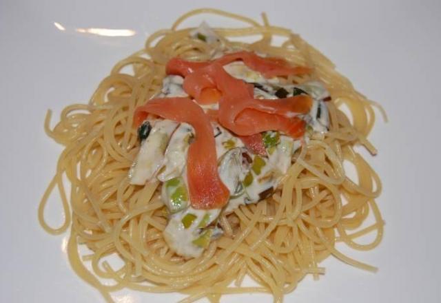 Spaghetti à la crème de poireaux et saumon fumé