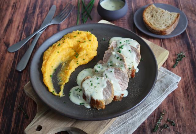 Filet mignon de porc, sauce au roquefort et sa purée de légumes