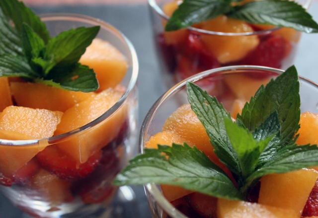 Verrine melon, fraises au sucre vanillé