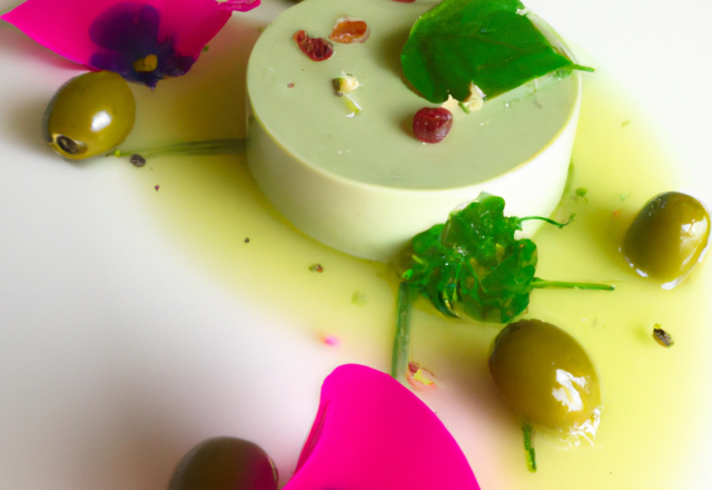 Panna cotta de chèvre et pâte d'olives vertes à la rose