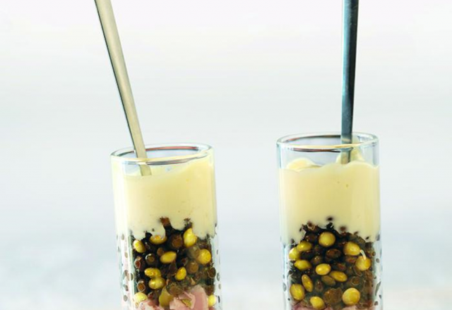 Verrine de lentilles, jambon et fromage frais