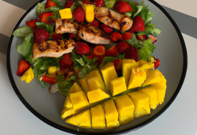 Grillade de poulet et sa salade de mangues et fraises pimentées