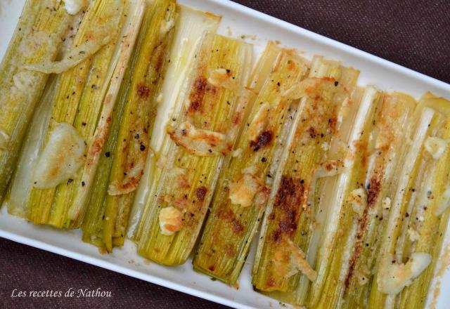 Poireaux gratinés au fromage de chèvre et au parmesan