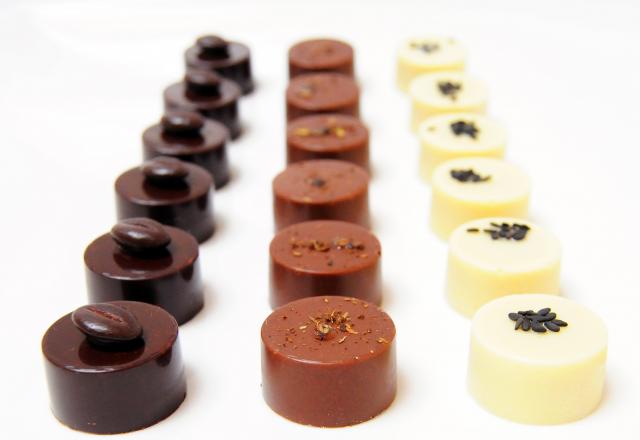 Assortiments de bonbons en chocolat épicés noir, blanc, lait