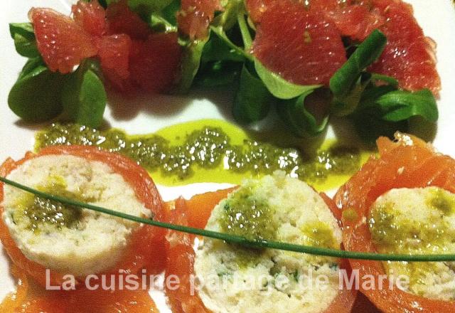 Mousseline de Cabillaud au saumon fumé et son pesto de mâche