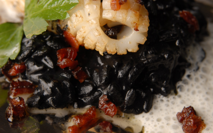 Chipirons à la plancha, riz acquarello à l'encre de seiche, émulsion de parmesan Reggiano