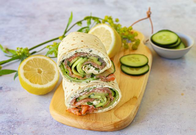 Wraps au fromage frais, concombres et saumon fumé