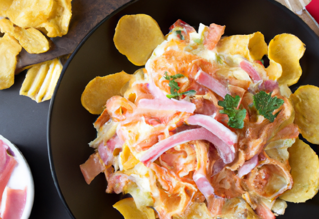 Pâtes à la crème de crustacés et sa chips de jambon