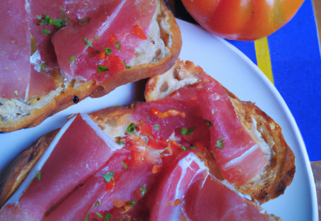 Toasts à la tomate aillée et jambon cru Serrano