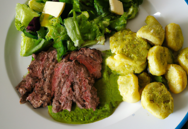 Rôti de bœuf au pesto vert, gnocchis et salade façon César