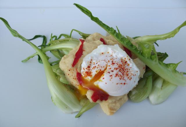 Salade catalogne, œufs poché, houmous