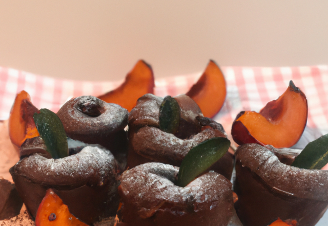 Petits moelleux au chocolat, pêches et caramels mous