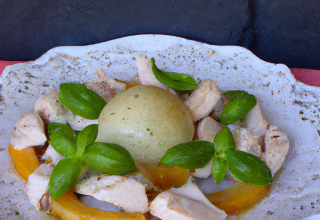 Salade de mâche aux melons, basilic et blanc de poulet