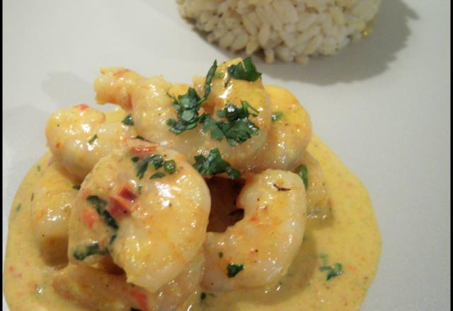 Les scampis au curry et son riz parfumé au bouquet garni