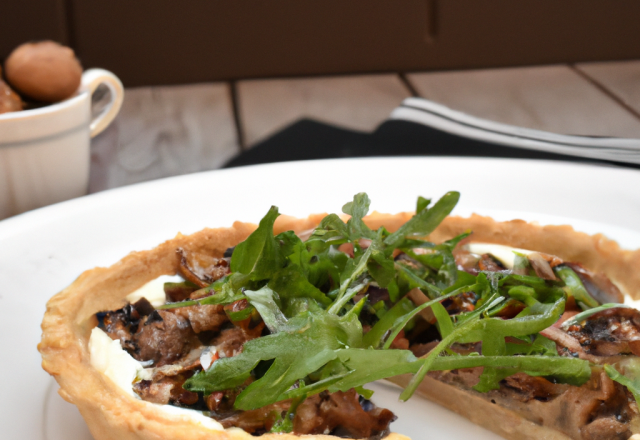 Tarte fine aux cèpes, roquette et noisettes