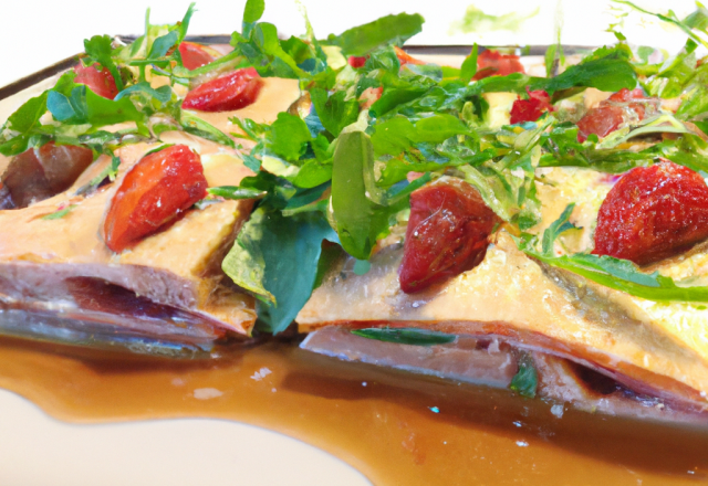 Lasagne de fraises et foie gras sur son lit d'huile de roquette