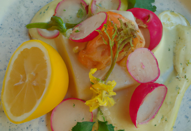 Sandre vapeur, beurre de roses, petits légumes primeurs confit au citron