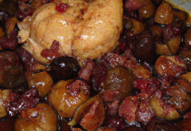 Chapon en 3 cuissons : en ragoût à la gelée de groseille, sauté aux figues et au miel et au four aux marrons et aux airelles