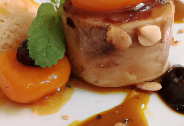 Ballotin de foie gras à la réglisse et aux amandes grillées, chutney d'abricots