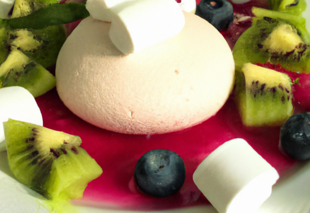 Panna cotta citron, coulis de framboises-kiwis et meringues aux myrtilles