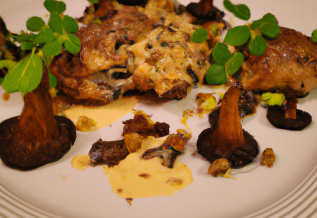 Chapon au boudin, morilles et crémant.