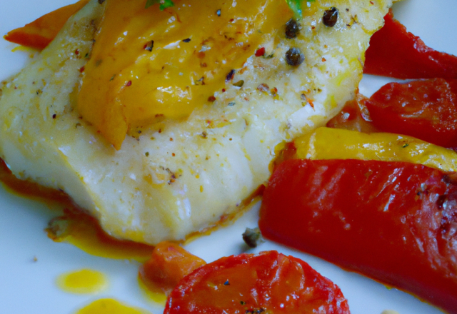 Poisson blanc aux 3 poivrons, tomates provençales et gratin dauphinois d'Elisabète